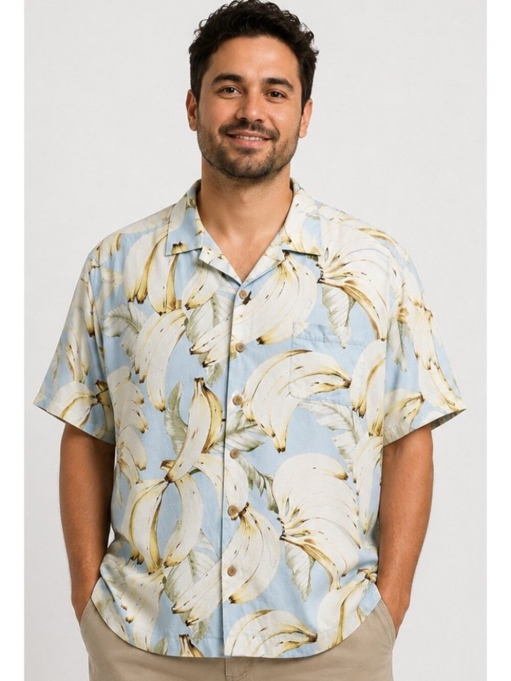 Tommy Bahama Large 100% Silk Banana Print Island Modern Fit Short Sleeve Top EUC
